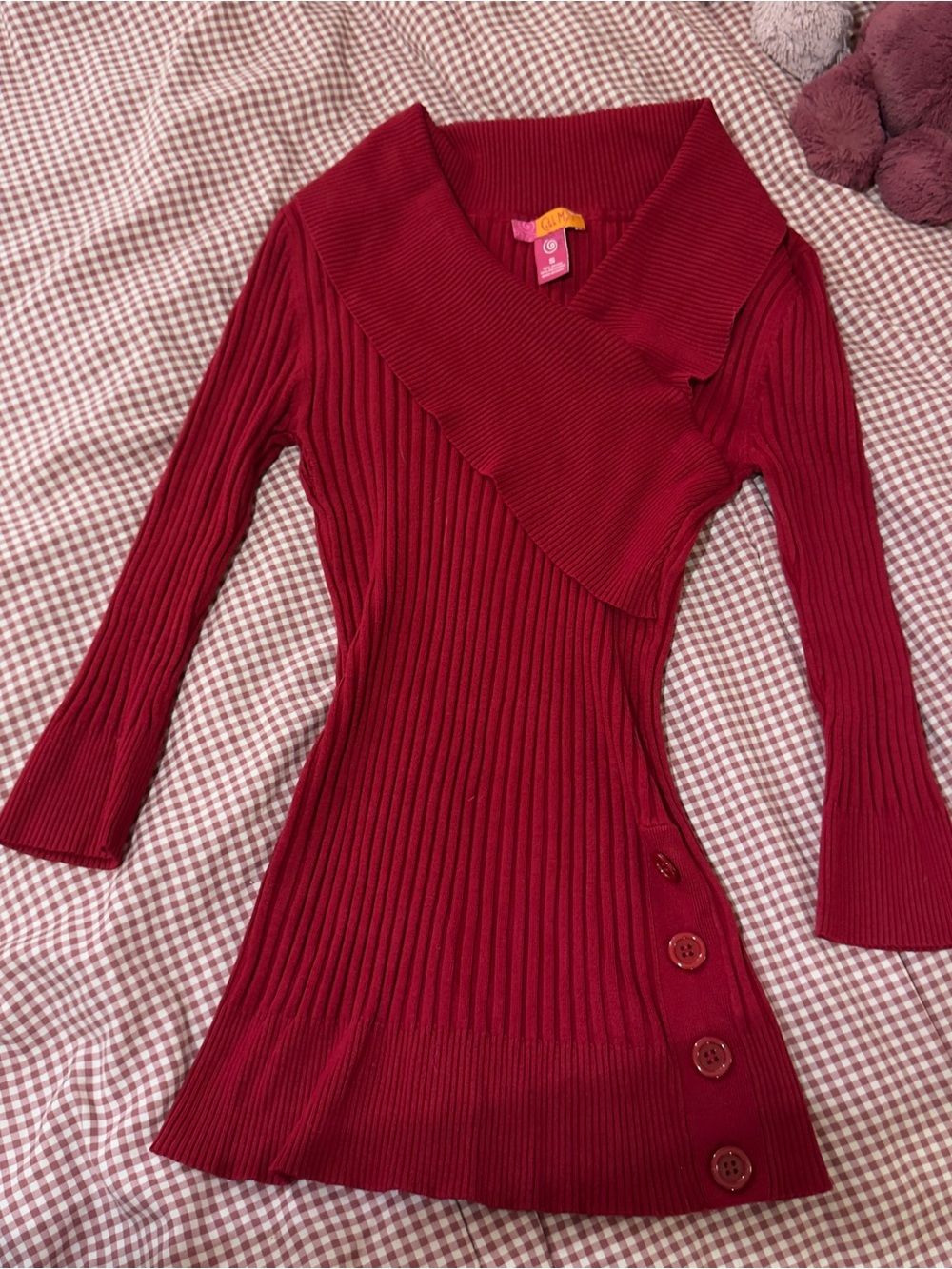 Y2K Fitted Ribbed Asymmetric Red Sweater - Picture 2 of 6